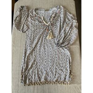 SKEMO V neck oversized Boho pullover beaded tassel tunic top swim cover up M